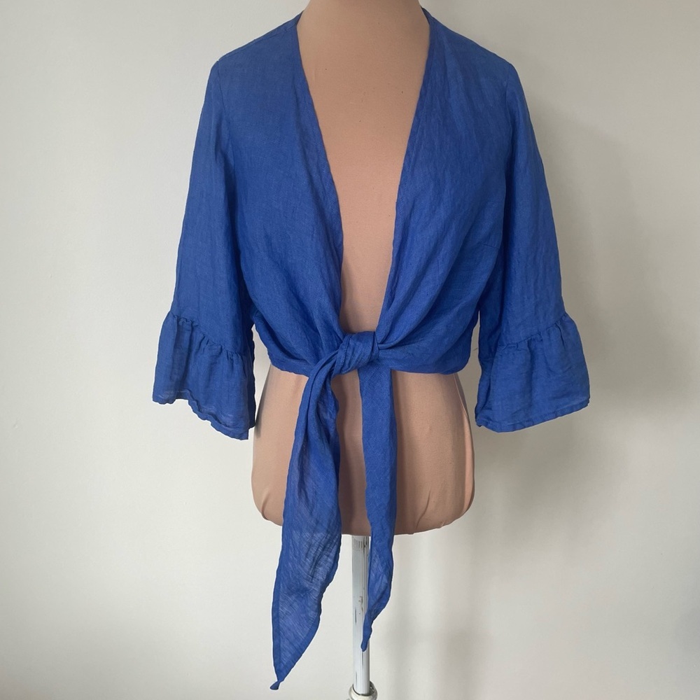 Marina St. Barth Bolero Nodo Central Linen Tie Front Plunge Cropped Top EUC OS - Picture 2 of 9